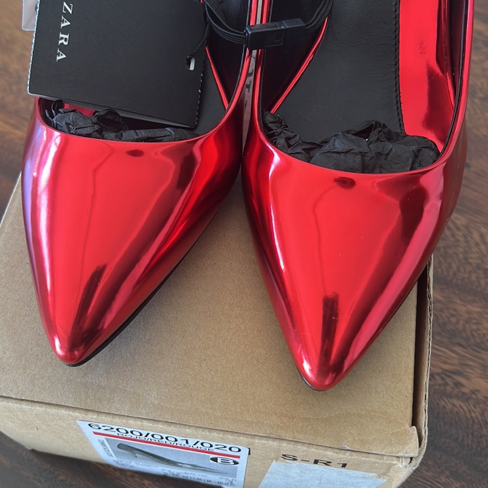 ZARA RED METALLIC COURT MID HEELS SHOES BRAND NEW WITH TAGS AND BOX US 6.5 EUR37 - Picture 5 of 7